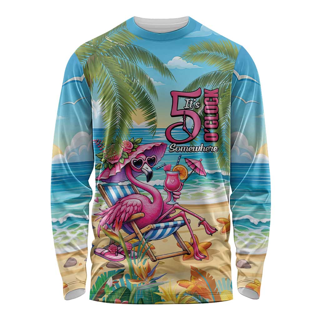 Flamingo Aloha Hawaii Long Sleeve Shirt It's 5 O’Clock Somewhere Tropical Vibes - Polynesian Pride