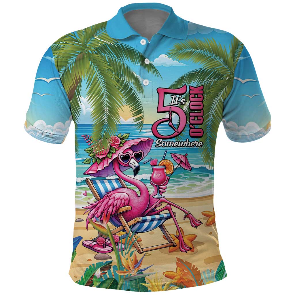 Flamingo Aloha Hawaii Polo Shirt It's 5 O’Clock Somewhere Tropical Vibes - Polynesian Pride