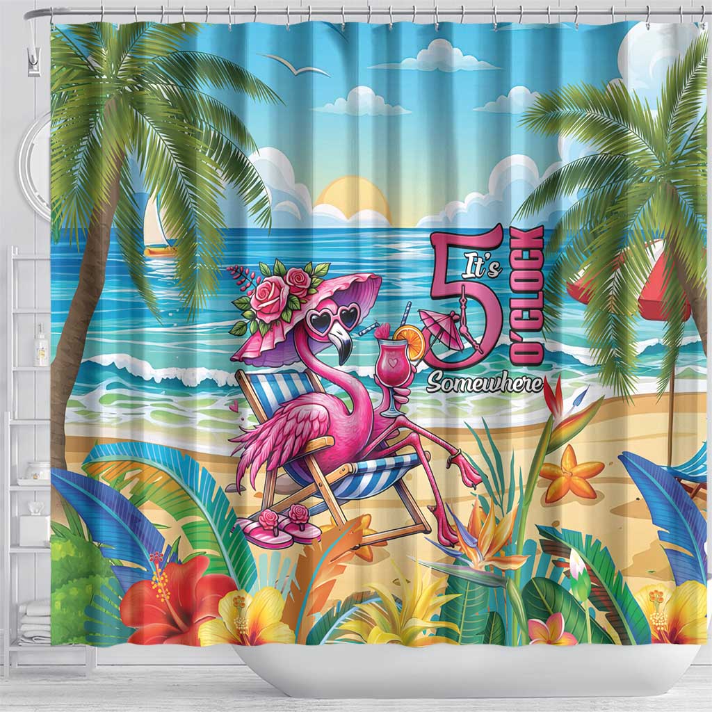 Flamingo Aloha Hawaii Shower Curtain It's 5 O’Clock Somewhere Tropical Vibes - Polynesian Pride