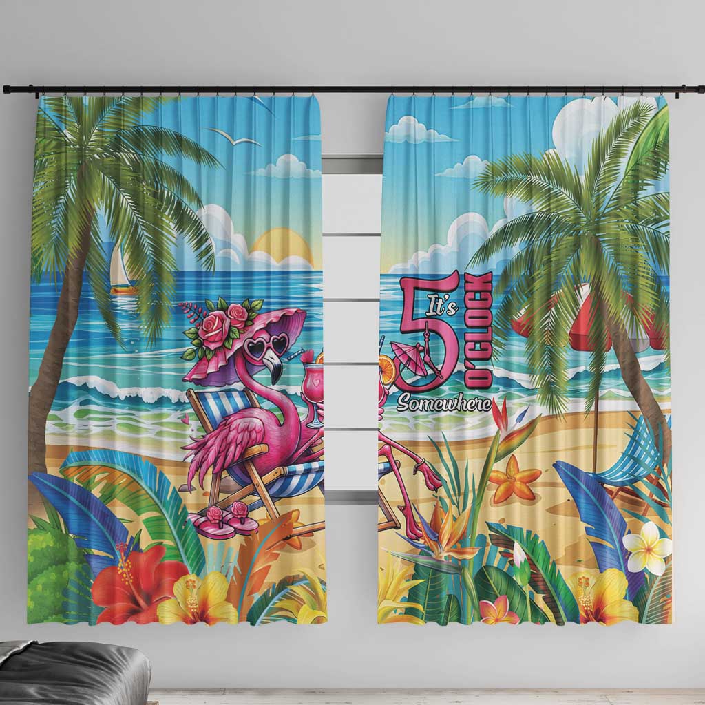 Flamingo Aloha Hawaii Window Curtain It's 5 OClock Somewhere Tropical Vibes LT14 With Hooks Blue - Polynesian Pride