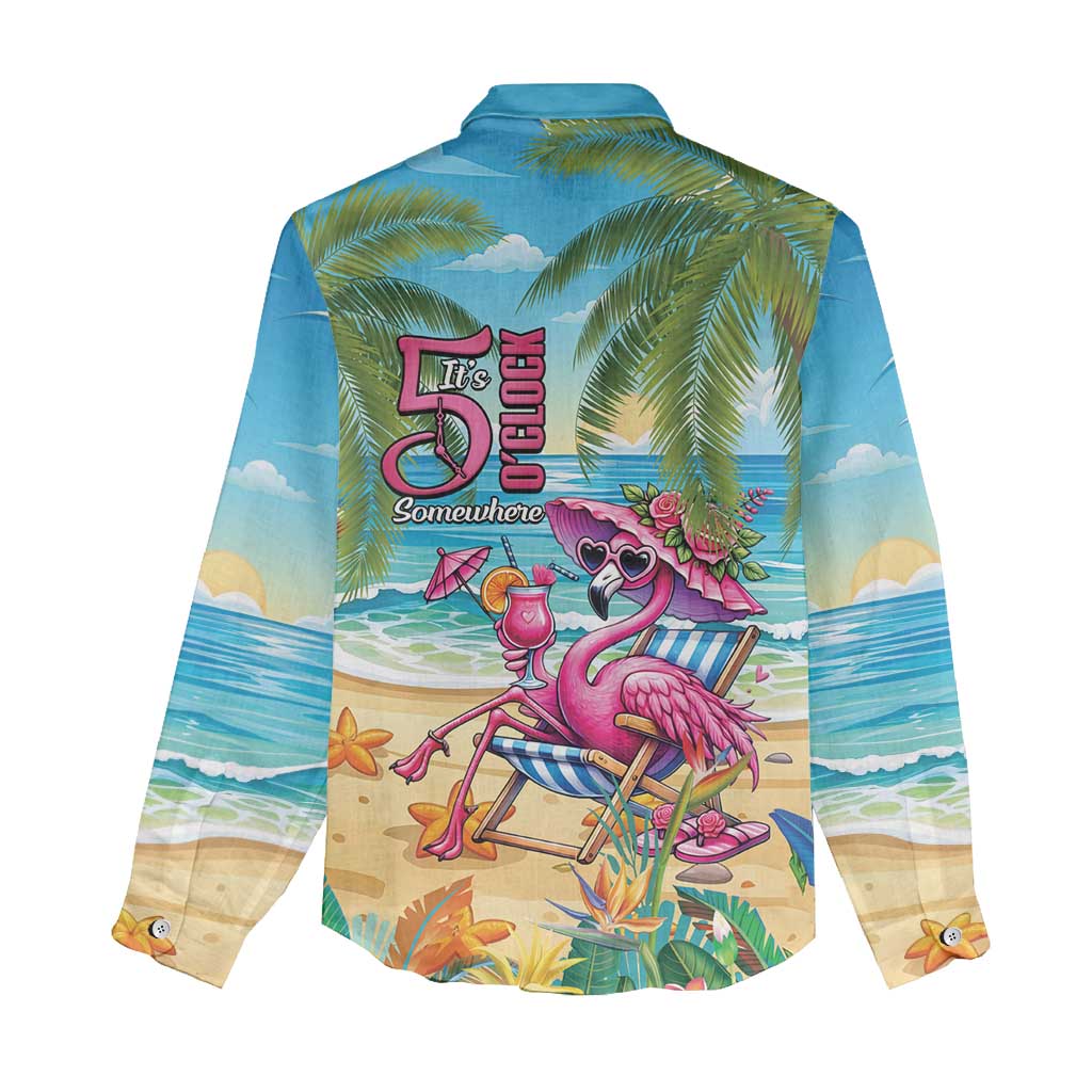 Flamingo Aloha Hawaii Women Casual Shirt It's 5 O’Clock Somewhere Tropical Vibes - Polynesian Pride