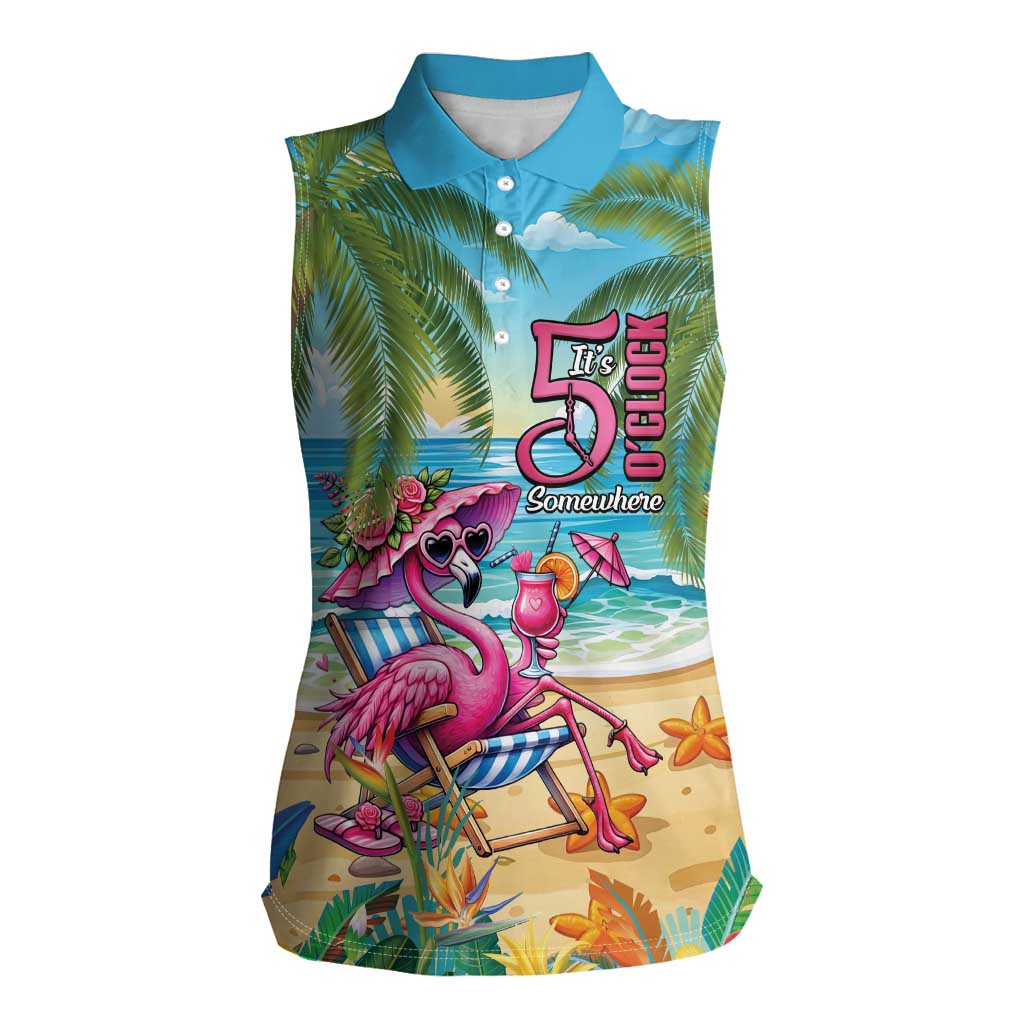 Flamingo Aloha Hawaii Women Sleeveless Polo Shirt It's 5 O’Clock Somewhere Tropical Vibes - Polynesian Pride