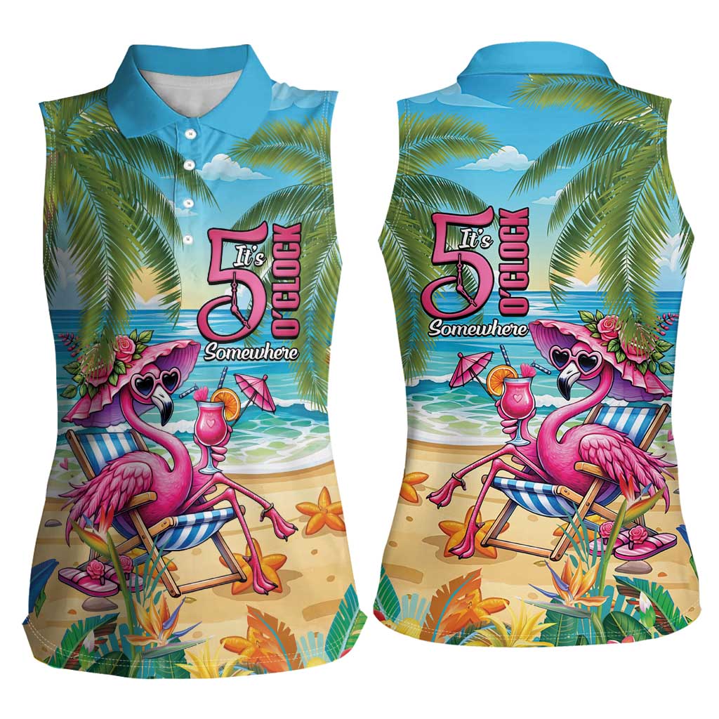 Flamingo Aloha Hawaii Women Sleeveless Polo Shirt It's 5 O’Clock Somewhere Tropical Vibes - Polynesian Pride