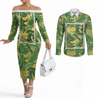 Aloha Hawaii Maia Couples Matching Off The Shoulder Long Sleeve Dress and Long Sleeve Button Shirt Hawaiian Banana Stylized Stamp LT14 Green - Polynesian Pride