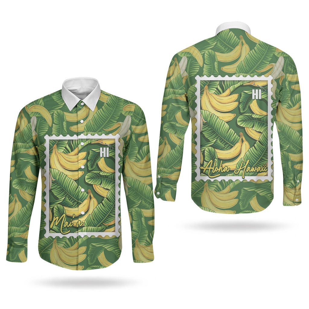 Aloha Hawaii Maia Couples Matching Off The Shoulder Long Sleeve Dress and Long Sleeve Button Shirt Hawaiian Banana Stylized Stamp LT14 - Polynesian Pride