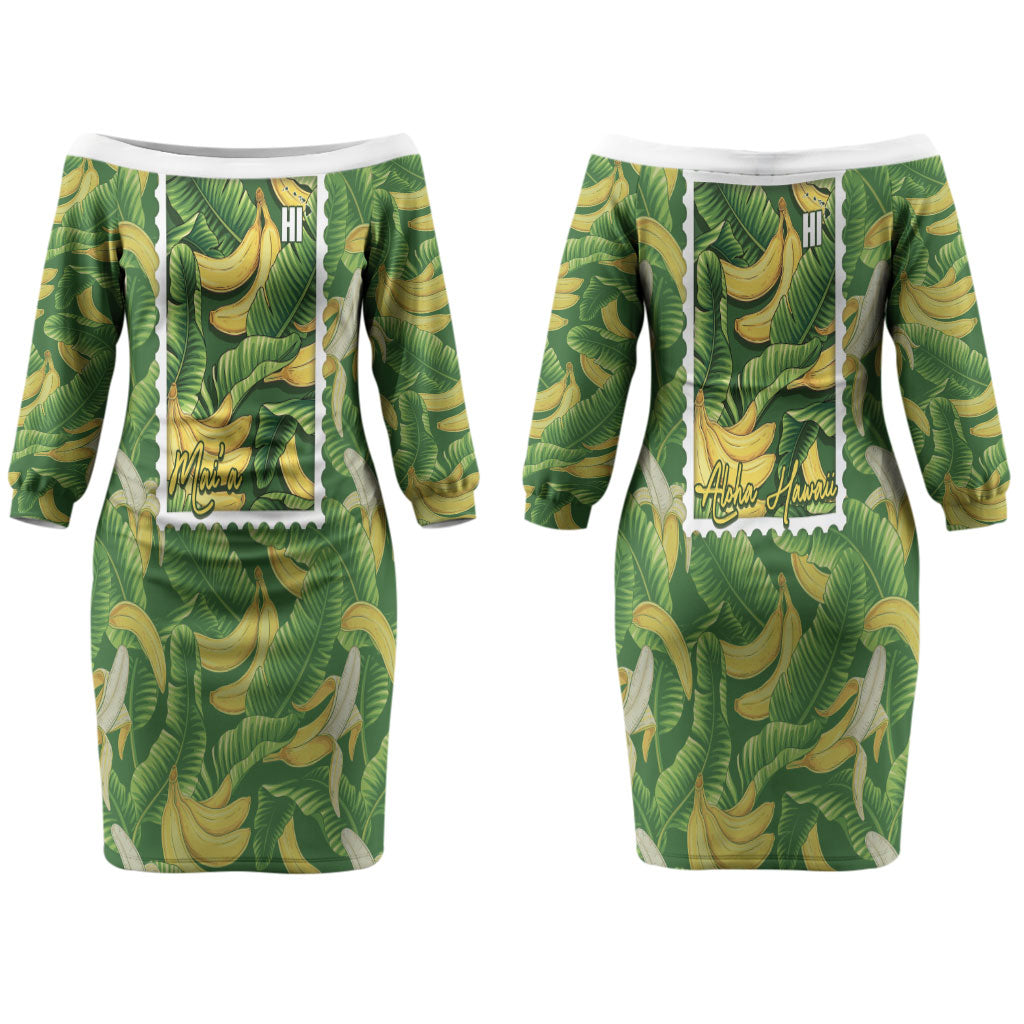 Aloha Hawaii Maia Couples Matching Off The Shoulder Long Sleeve Dress and Long Sleeve Button Shirt Hawaiian Banana Stylized Stamp LT14 - Polynesian Pride
