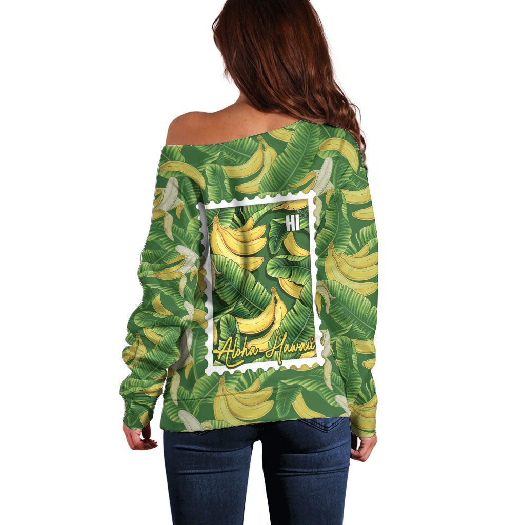 Aloha Hawaii Maia Off Shoulder Sweater Hawaiian Banana Stylized Stamp LT14 - Polynesian Pride