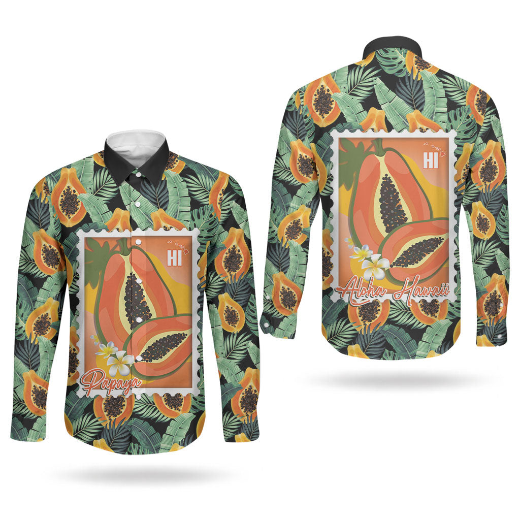 Aloha Hawaii Mikana Couples Matching Off The Shoulder Long Sleeve Dress and Long Sleeve Button Shirt Hawaiian Papaya Stylized Stamp LT14 - Polynesian Pride