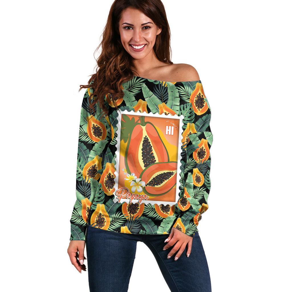 Aloha Hawaii Mikana Off Shoulder Sweater Hawaiian Papaya Stylized Stamp LT14 Women Green - Polynesian Pride