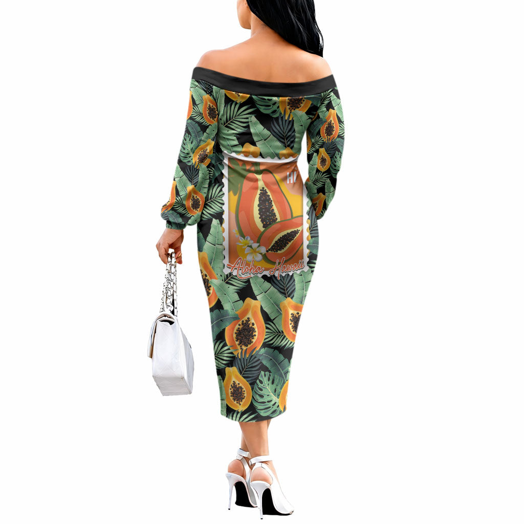 Aloha Hawaii Mikana Off The Shoulder Long Sleeve Dress Hawaiian Papaya Stylized Stamp LT14 - Polynesian Pride