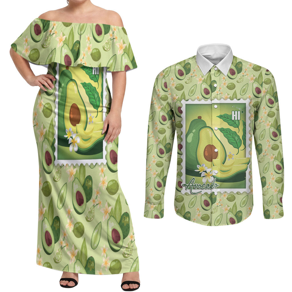 Aloha Hawaii Avocado Couples Matching Off Shoulder Maxi Dress and Long Sleeve Button Shirt Hawaiian Fruit Stylized Stamp LT14 Green - Polynesian Pride