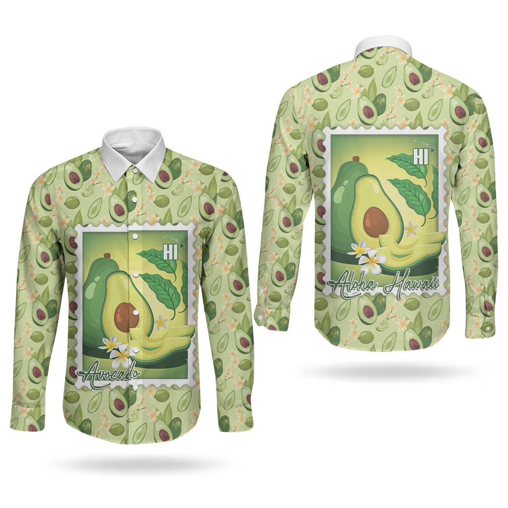 Aloha Hawaii Avocado Couples Matching Off Shoulder Maxi Dress and Long Sleeve Button Shirt Hawaiian Fruit Stylized Stamp LT14 - Polynesian Pride