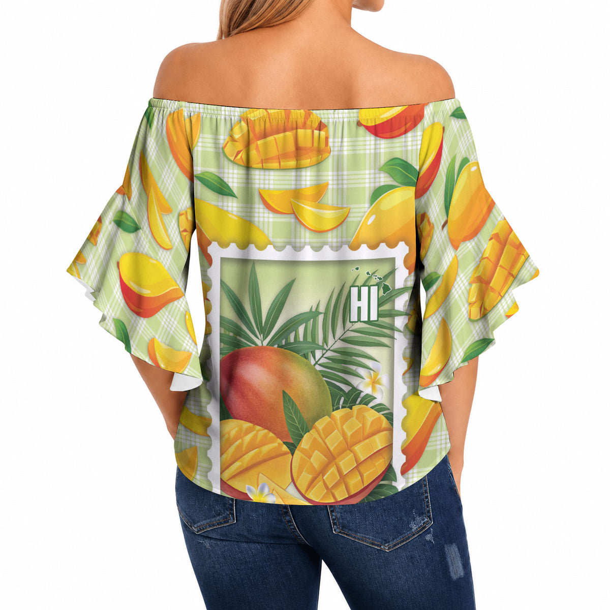Aloha Hawaii Manako Palaka Motifs Off Shoulder Wrap Waist Top Hawaiian Mango Stylized Stamp LT14 - Polynesian Pride