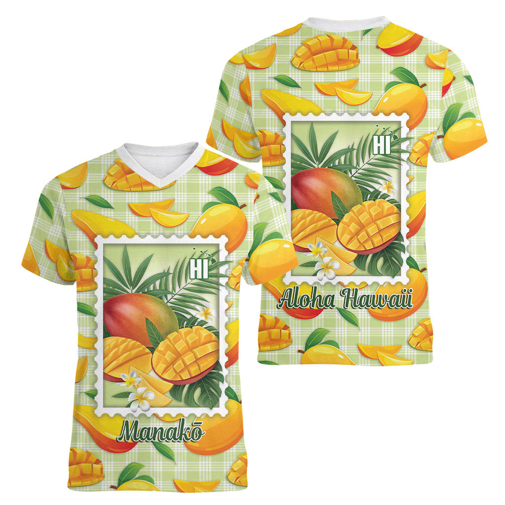 Aloha Hawaii Manako Palaka Motifs Women V-Neck T-Shirt Hawaiian Mango Stylized Stamp LT14 - Polynesian Pride