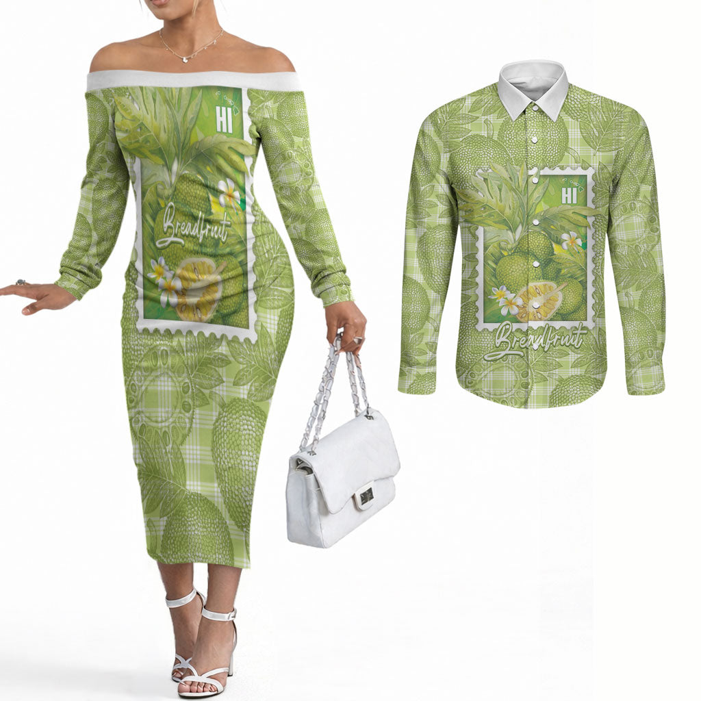 Aloha Hawaii Ulu Palaka Motifs Couples Matching Off The Shoulder Long Sleeve Dress and Long Sleeve Button Shirt Hawaiian Breadfruit Stylized Stamp LT14 Green - Polynesian Pride