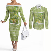 Aloha Hawaii Ulu Palaka Motifs Couples Matching Off The Shoulder Long Sleeve Dress and Long Sleeve Button Shirt Hawaiian Breadfruit Stylized Stamp LT14 Green - Polynesian Pride