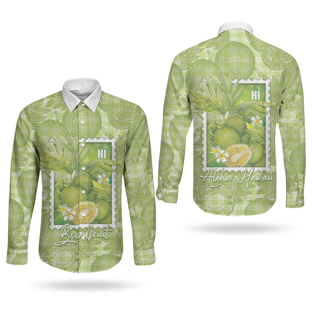 Aloha Hawaii Ulu Palaka Motifs Couples Matching Off The Shoulder Long Sleeve Dress and Long Sleeve Button Shirt Hawaiian Breadfruit Stylized Stamp LT14 - Polynesian Pride
