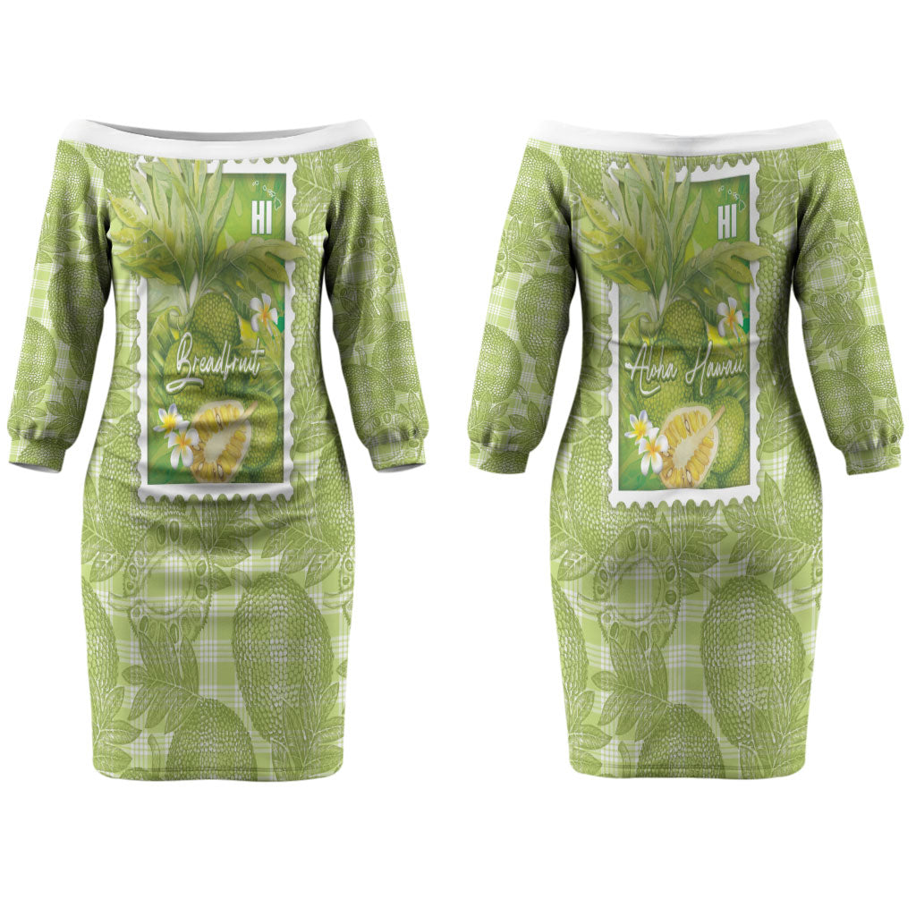 Aloha Hawaii Ulu Palaka Motifs Couples Matching Off The Shoulder Long Sleeve Dress and Long Sleeve Button Shirt Hawaiian Breadfruit Stylized Stamp LT14 - Polynesian Pride