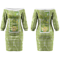 Aloha Hawaii Ulu Palaka Motifs Couples Matching Off The Shoulder Long Sleeve Dress and Long Sleeve Button Shirt Hawaiian Breadfruit Stylized Stamp LT14 - Polynesian Pride
