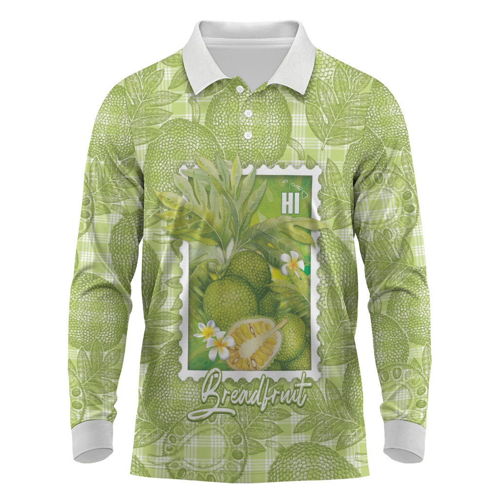 Aloha Hawaii Ulu Palaka Motifs Long Sleeve Polo Shirt Hawaiian Breadfruit Stylized Stamp LT14 Green - Polynesian Pride