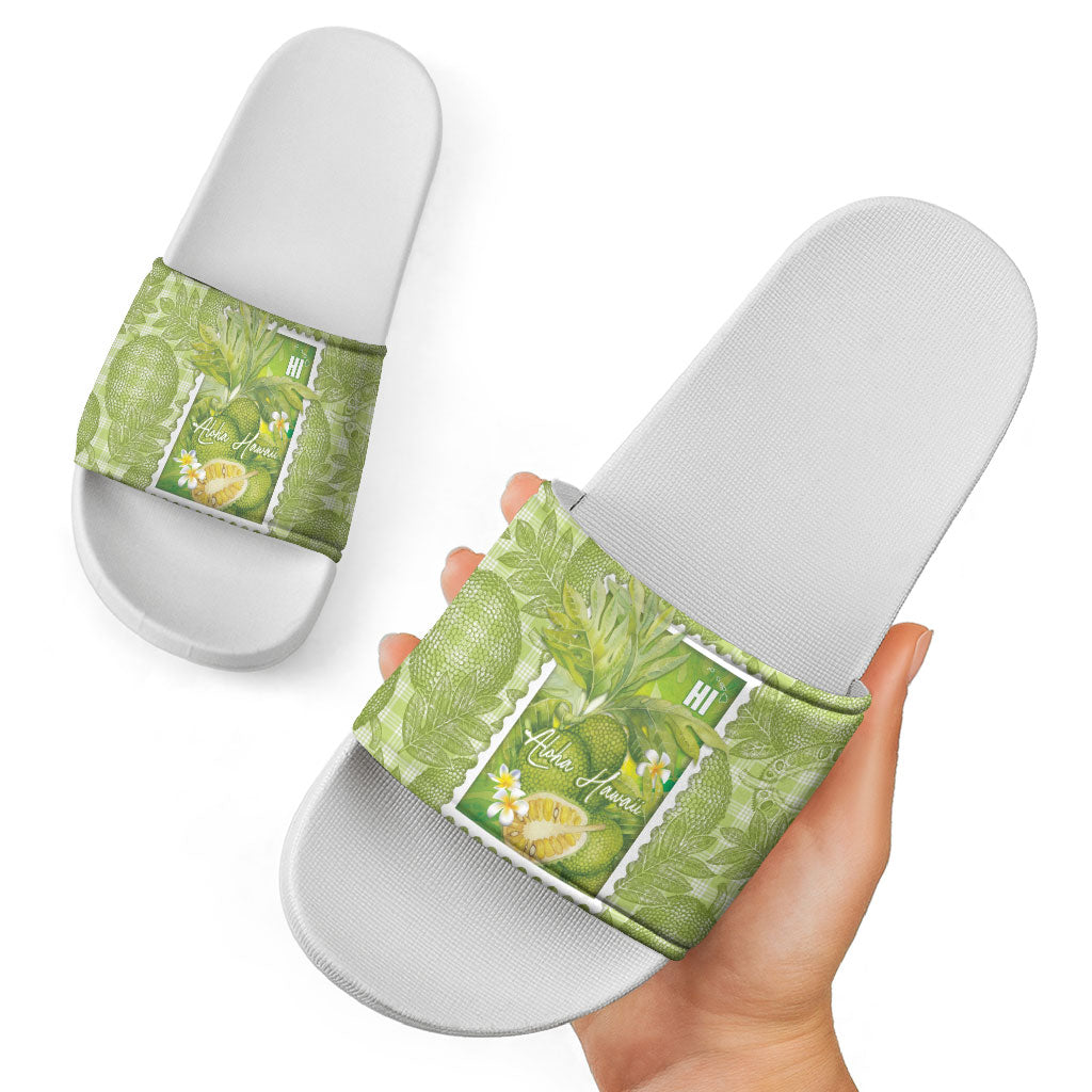 Aloha Hawaii Ulu Palaka Motifs Slide Sandals Hawaiian Breadfruit Stylized Stamp LT14 - Polynesian Pride