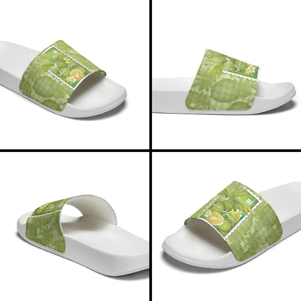 Aloha Hawaii Ulu Palaka Motifs Slide Sandals Hawaiian Breadfruit Stylized Stamp LT14 - Polynesian Pride