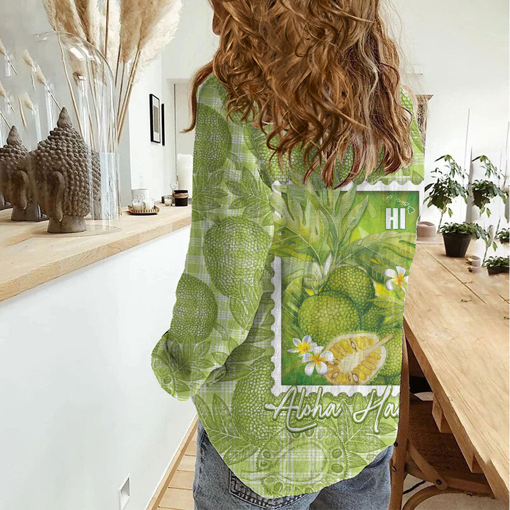 Aloha Hawaii Ulu Palaka Motifs Women Casual Shirt Hawaiian Breadfruit Stylized Stamp LT14 - Polynesian Pride