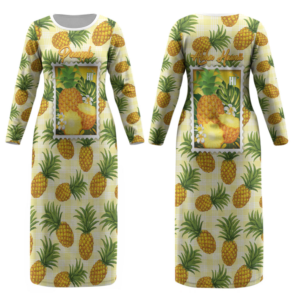 Aloha Hawaii Hala Kahiki Palaka Motifs Couples Matching Long Sleeve Bodycon Dress and Long Sleeve Button Shirt Hawaiian Pineapple Stylized Stamp LT14 - Polynesian Pride
