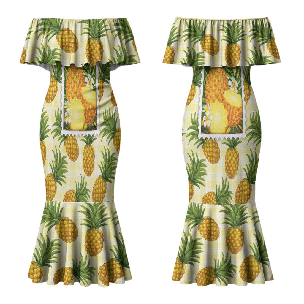 Aloha Hawaii Hala Kahiki Palaka Motifs Couples Matching Mermaid Dress and Long Sleeve Button Shirt Hawaiian Pineapple Stylized Stamp LT14 - Polynesian Pride
