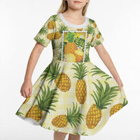 Aloha Hawaii Hala Kahiki Palaka Motifs Kid Short Sleeve Dress Hawaiian Pineapple Stylized Stamp LT14 - Polynesian Pride