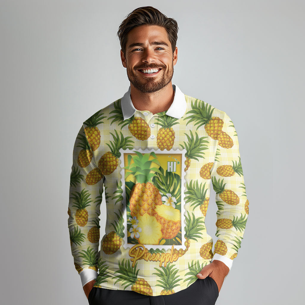 Aloha Hawaii Hala Kahiki Palaka Motifs Long Sleeve Polo Shirt Hawaiian Pineapple Stylized Stamp LT14 - Polynesian Pride