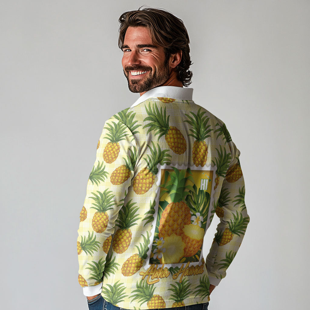 Aloha Hawaii Hala Kahiki Palaka Motifs Long Sleeve Polo Shirt Hawaiian Pineapple Stylized Stamp LT14 - Polynesian Pride