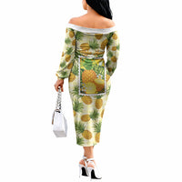 Aloha Hawaii Hala Kahiki Palaka Motifs Off The Shoulder Long Sleeve Dress Hawaiian Pineapple Stylized Stamp LT14 - Polynesian Pride