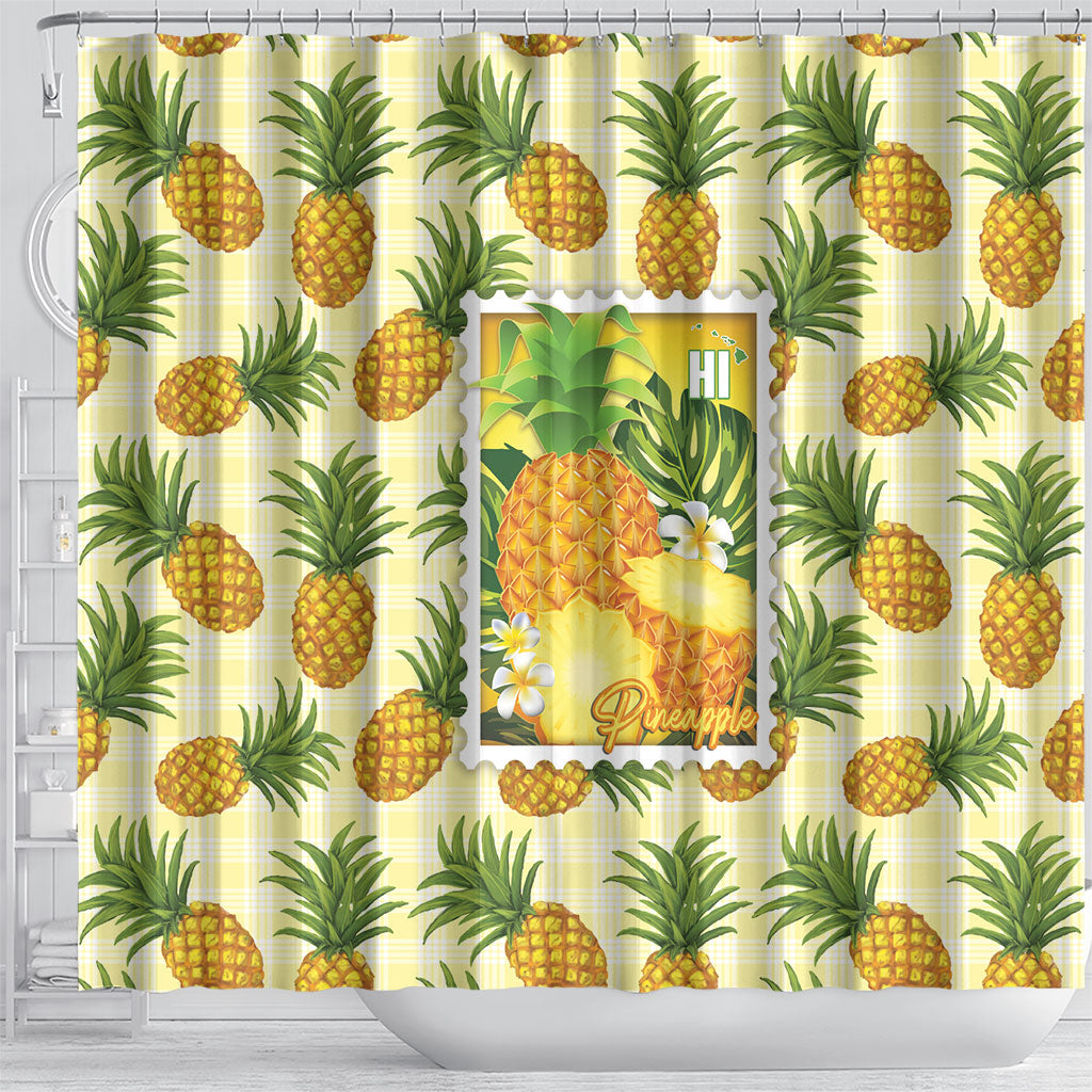Aloha Hawaii Hala Kahiki Palaka Motifs Shower Curtain Hawaiian Pineapple Stylized Stamp LT14 - Polynesian Pride