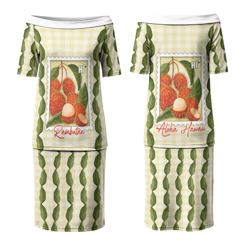 Aloha Hawaii Rambutan Palaka Motifs Couples Matching Puletasi and Long Sleeve Button Shirt Hawaiian Fruit Stylized Stamp LT14 - Polynesian Pride