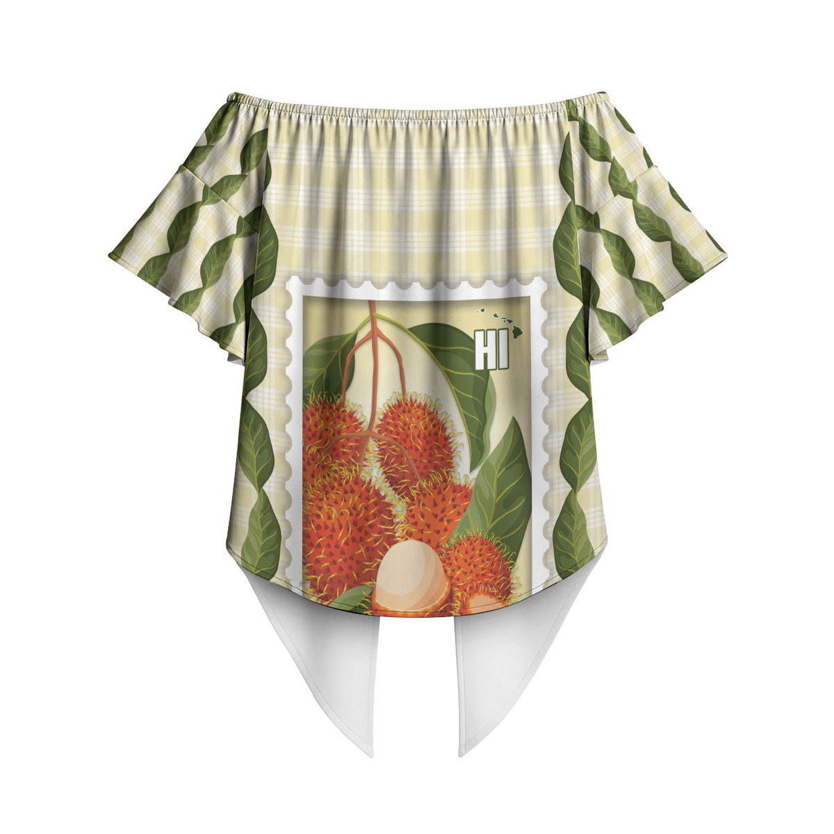 Aloha Hawaii Rambutan Palaka Motifs Off Shoulder Wrap Waist Top Hawaiian Fruit Stylized Stamp LT14 - Polynesian Pride