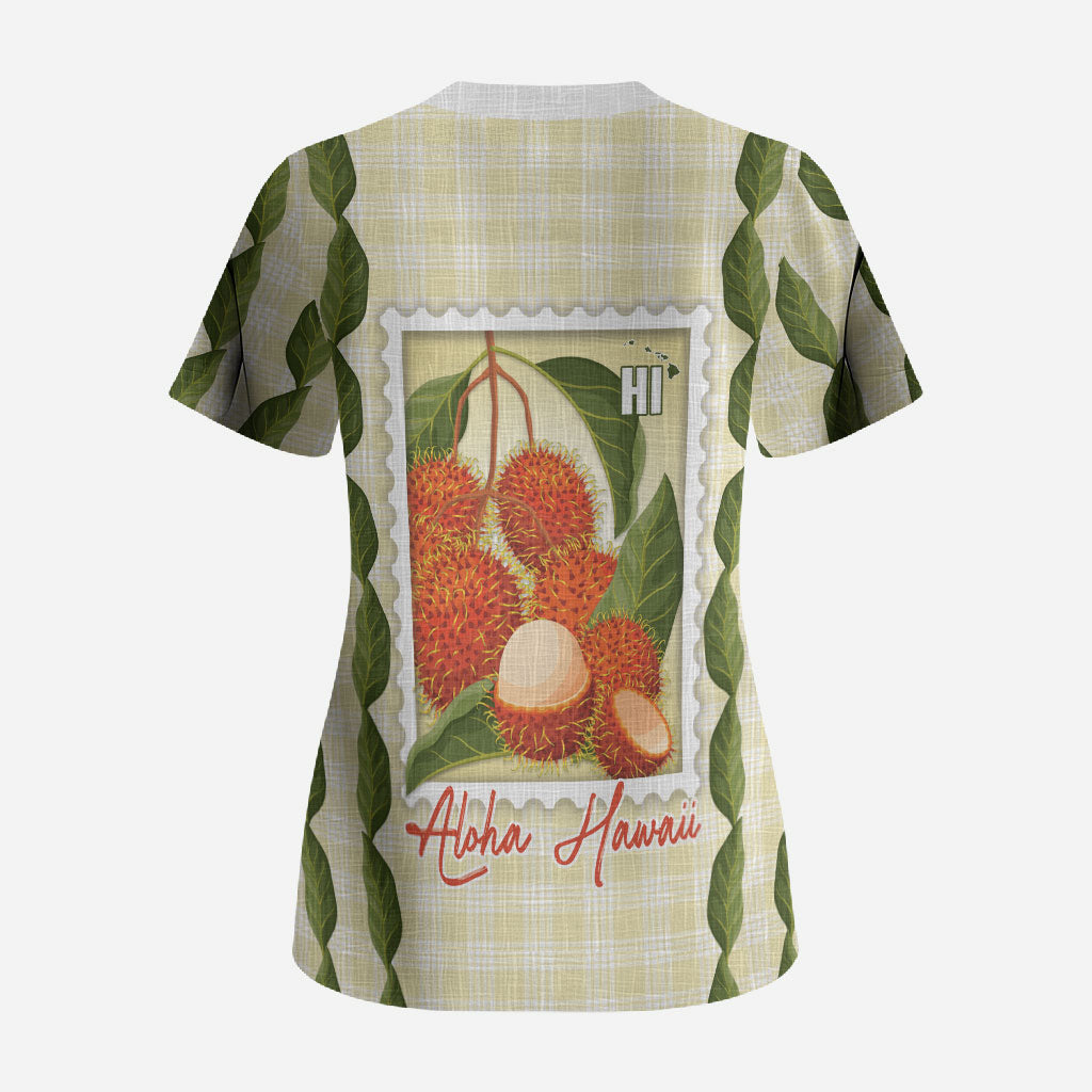 Aloha Hawaii Rambutan Palaka Motifs Scrub Top Hawaiian Fruit Stylized Stamp LT14 - Polynesian Pride