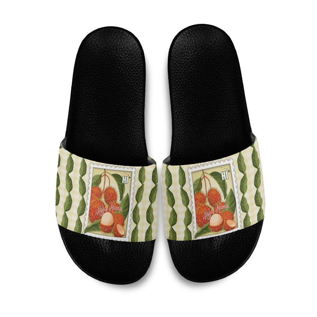 Aloha Hawaii Rambutan Palaka Motifs Slide Sandals Hawaiian Fruit Stylized Stamp LT14 Yellow - Polynesian Pride