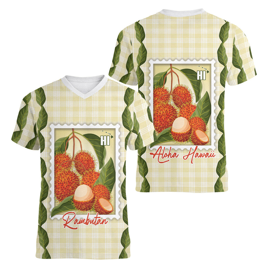 Aloha Hawaii Rambutan Palaka Motifs Women V-Neck T-Shirt Hawaiian Fruit Stylized Stamp LT14 - Polynesian Pride