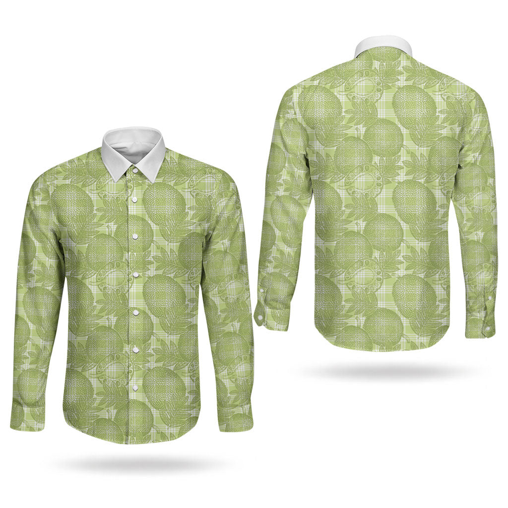 Omaomao Hawaii Breadfruit Palaka Motifs Couples Matching Off The Shoulder Long Sleeve Dress and Long Sleeve Button Shirt LT14 - Polynesian Pride