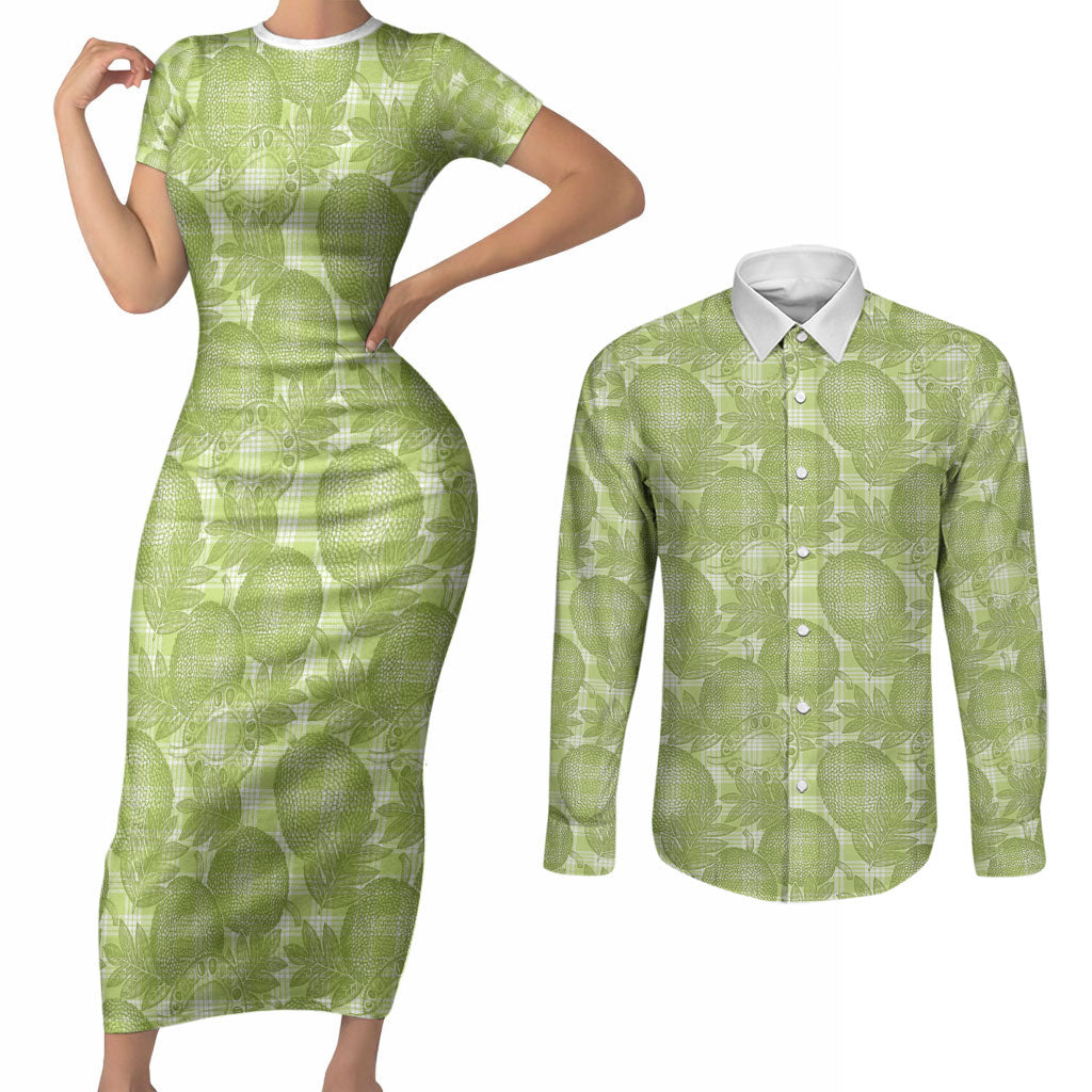 Omaomao Hawaii Breadfruit Palaka Motifs Couples Matching Short Sleeve Bodycon Dress and Long Sleeve Button Shirt LT14 Green - Polynesian Pride