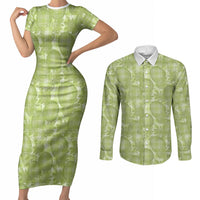 Omaomao Hawaii Breadfruit Palaka Motifs Couples Matching Short Sleeve Bodycon Dress and Long Sleeve Button Shirt LT14 Green - Polynesian Pride