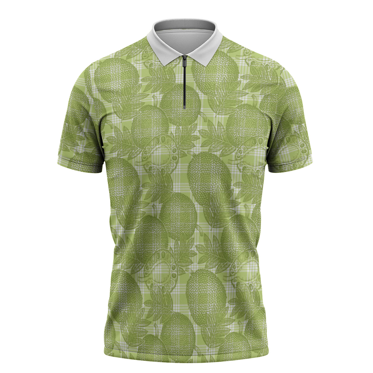 Omaomao Hawaii Breadfruit Palaka Motifs Zipper Polo Shirt LT14 Green - Polynesian Pride
