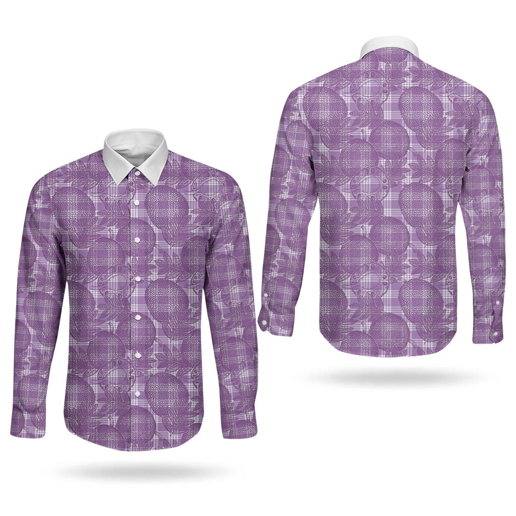 Poni Hawaii Breadfruit Palaka Motifs Couples Matching Off The Shoulder Long Sleeve Dress and Long Sleeve Button Shirt LT14 - Polynesian Pride