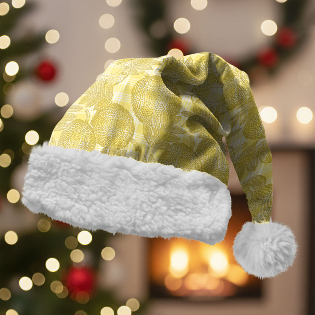 Melemele Hawaii Breadfruit Palaka Motifs Christmas Santa Hat LT14 With Fur Yellow - Polynesian Pride