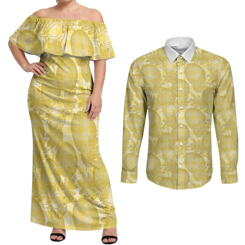 Melemele Hawaii Breadfruit Palaka Motifs Couples Matching Off Shoulder Maxi Dress and Long Sleeve Button Shirt LT14 Yellow - Polynesian Pride