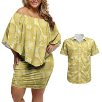 Melemele Hawaii Breadfruit Palaka Motifs Couples Matching Off Shoulder Short Dress and Hawaiian Shirt LT14 Yellow - Polynesian Pride