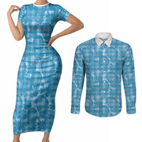 Polu Hawaii Breadfruit Palaka Motifs Couples Matching Short Sleeve Bodycon Dress and Long Sleeve Button Shirt LT14 Blue - Polynesian Pride