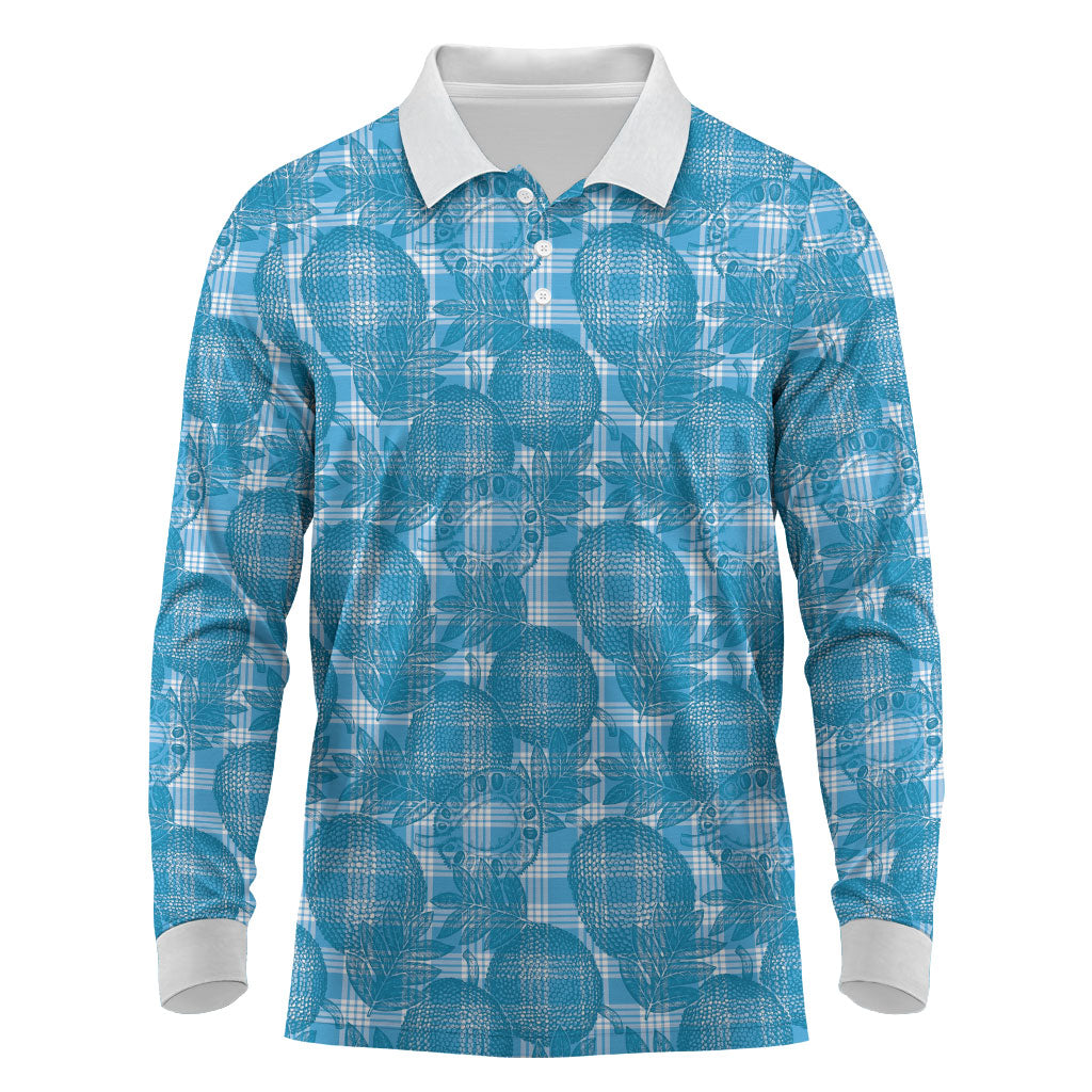 Polu Hawaii Breadfruit Palaka Motifs Long Sleeve Polo Shirt LT14 Blue - Polynesian Pride