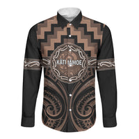 Aotearoa Kati Mamoe Personalised Long Sleeve Button Shirt Maori Iwi Poutama Puhoro Tattoo LT14 Unisex Brown - Polynesian Pride
